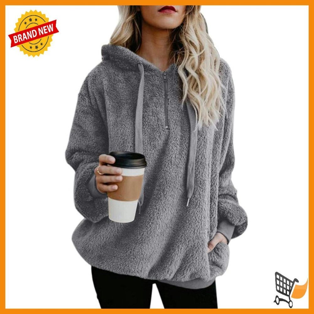 Oversized Fuzzy Sherpa Hoodie with Pockets, 1/4 Zip, Athletic Fleece